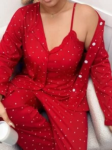 Napfluff CURVE Napfluff CURVE Plus Size Women's 3 Pieces Pajama Set, Knitted Ribbed Fabric With Heart Print And Contrast Lace, Red Cute Sweet Sexy Camisole, Long Pants And Robe, Wearable As Loungewear - Red - View 4