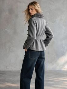 Trelyra Elegant Comfortable French Vintage Commute Chic Design High-End Versatile Fur Collar Overcoat - Grey - View 3