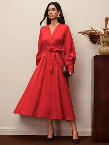 BELROSIE Women's Solid Color V-Neck Waist Knot Casual Party Dress - Burgundy - View 1
