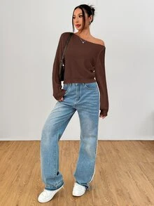 SHEIN PETITE 白色女款長袖套頭毛衣，可披肩穿著，適合秋冬，適合嬌小女性 - 咖啡棕 - 查看 5