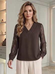 Medorina Women's V-Neck Lace Patchwork Casual Daily Wear Top - Brown - View 4