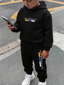 SHEIN Tween Boy Letter Print Long Sleeve Sweatshirt And Jogger Pants Set - Black - View 8