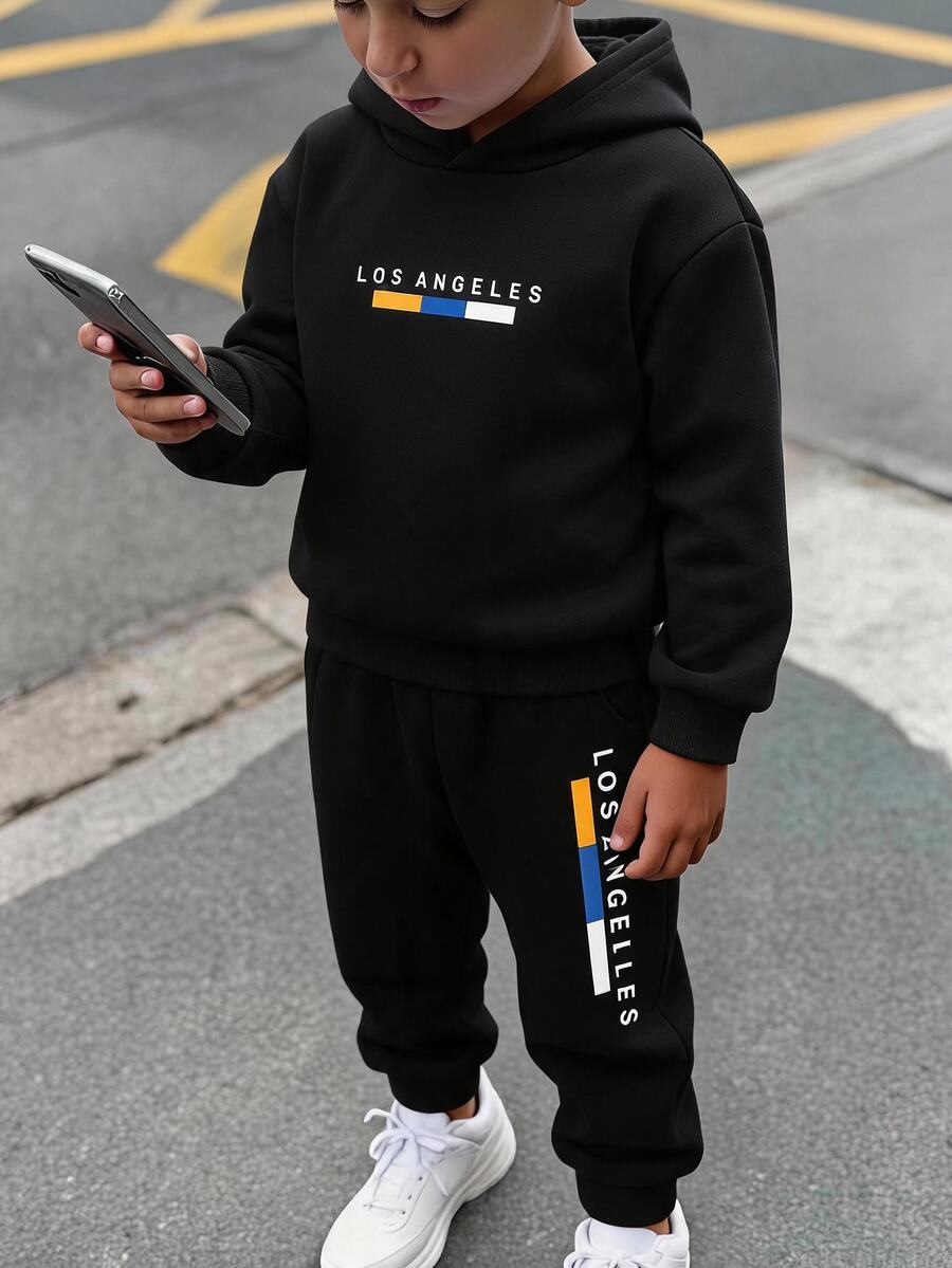 SHEIN 青少年男孩字母印花長袖運動衫與慢跑褲套裝 - 黑色 - 查看 1