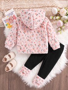 SHEIN 女嬰兩件套，包含碎花法蘭絨連帽衛衣與長褲，保暖舒適，適合秋冬穿著 - 彩色 - 查看 2