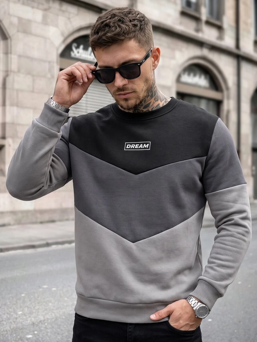 Manfinity CasualCool Men's Crew Neck Pullover Sweatshirt, Black & Grey Color Block Design, Front Letter Print Accent, Large Color Block Patchwork, Black & Grey Color Scheme, Men's Autumn/Winter All-Match Color Crew Neck Sweatshirt, Sweatshirt Fabric, Casual Comfortable Versatile, Suitable For Outings, Commuting, Street Style, Commuting, Travel, Vacation, Daily Wear - Multicolor - View 1