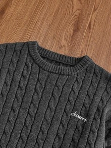 SWAVVY 時尚男士刺繡麻花編織長袖舒適毛衣 - 深灰色 - 查看 3