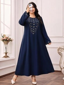 Al Najma Plus Size Women's Rhinestone Design Round Neck Long Sleeve Elegant Arabian Dress - Navy Blue - View 7