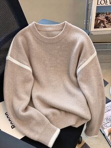 Franclia 女款灰色圓領針織毛衣上衣，秋季休閒優雅校園開學風法式復古柔軟慵懶寬鬆精緻秋季服飾 - 杏色 - 查看 1