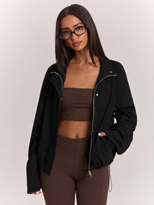SHEIN BAE 女款休閒百搭外套，適合秋季賽車日、外出、日常、旅行、日間、夜晚、晚餐、公路旅行、夜間，淺灰色 N O N E - 黑色 - 查看 7