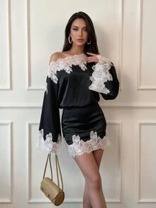 Firerie 女款優雅秋季沙烏地國慶返校季不對稱單肩蕾絲拼接喇叭袖淺灰藍迷你洋裝 - 黑色 - 查看 3