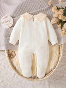 SHEIN 新生兒灰色紫色毛衣連身衣，柔軟卡通連身褲，時尚適用於春、秋、冬，日常穿著、派對、旅行與戶外 - 米色 - 查看 2