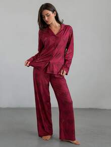 DAZY Women's Leopard Print Button-Up Top And Long Pants Pajama Set - Red - View 4