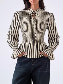 LYSMO Women's Striped Pleated Casual Versatile Daily Wear Shirt - Multicolor - View 3