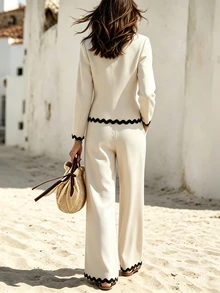SHEIN Women's Colorblock Long Sleeve Jacket And Pants Casual Elegant Daily Set Office Business - Apricot - View 2