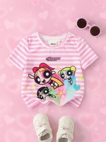 THE POWERPUFF GIRLS X SHEIN Baby Girl Striped Letter Cartoon Print Casual Daily Short Sleeve Top - Pink - View 1