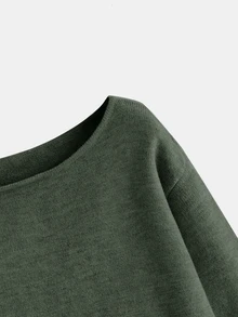 SHEIN BASICS 女款純色寬鬆船領長袖針織毛衣，秋冬針織衫 - 軍綠色 - 查看 4