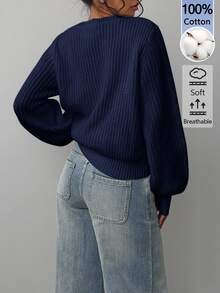 SHEIN BASICS 女款圓領長袖純色毛衣，純白色，適合早午餐、學校、居家、日常穿著，秋季休閒基礎款，畢業大學風 - 藏蓝色 - 查看 2