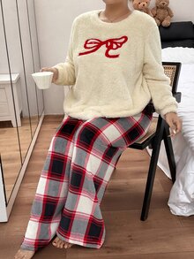 ZzzCrew Plus Size Women's Printed Plaid Embroidered Bow Pajama Set - Apricot - View 1