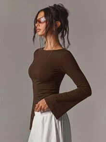 Athîral 女款棉質船領喇叭袖長袖修身棕色休閒T恤，適合秋季、日常穿著、通勤、外出、街頭、萬聖節，優雅上衣 - 棕色 - 查看 5