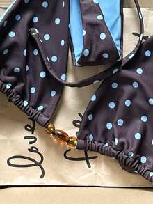 Swim Mod Women Brown And Blue Polka Dot Halter Tie Two Pieces Bikini Swimwear Bikini Set, - Multicolor - View 4