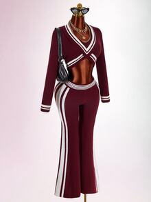 Amplova Autumn/Winter Campus Minimalist Daily Date Colorblock Striped Flare Knit Pants - Suitable For Dates And Back To School Season - Brown - View 6