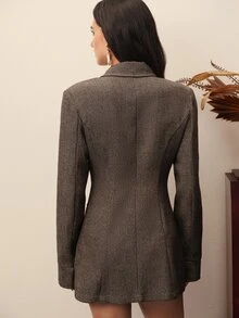 BELROSIE Elegant Comfortable French Vintage Commuter Chic Sophisticated Design Herringbone Double-Breasted Dress For Women - Multicolor - View 2