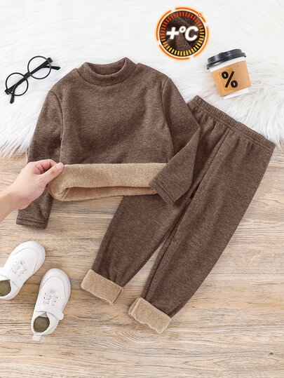 SHEIN 2pcs Kids Young Boy Autumn/Winter Thermal Underwear Set, Solid Dark Gray Cold-Proof 2 Pieces Set, Boys Underwear