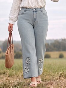 EMERY ROSE Fal BOHO Flattering Embroidered Floral Print Denim Light Blue Vacation Travel Breathable Plus Size Denim Jeans For Women - Light Wash - View 5