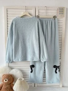Teen Girls Double-Sided Plush Bow Applique Embroidered Long Sleeve Pants Set - Baby Blue - View 2