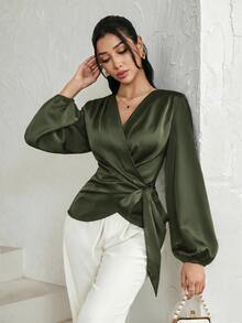 Modelyn 女款純色正肩長袖交叉領優雅襯衫 教師節辦公穿搭 酒紅色 秋季 - 墨綠色 - 查看 8