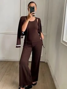 DAZY Women's Minimalist Tank Top And Long Pants With Embroidered Cardigan Pajama Set - Coffee Brown - View 1