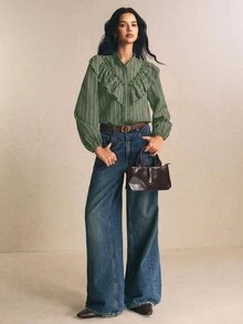Poéselle 女款條紋長袖單排扣拼接荷葉邊時尚襯衫 秋冬休閒上衣 通勤上班外出穿搭襯衫 - 綠色 - 查看 6
