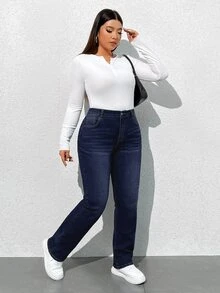 SHEIN ICON Plus Size High Waist Water Wash Jeans - Dark Wash - View 4