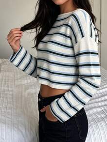 Autumina Women's Autumn/Winter Vintage Color-Block Striped Asymmetrical Shoulder Y2K Mixed Horizontal Stripe Casual Versatile Sweater Top - Multicolor - View 4