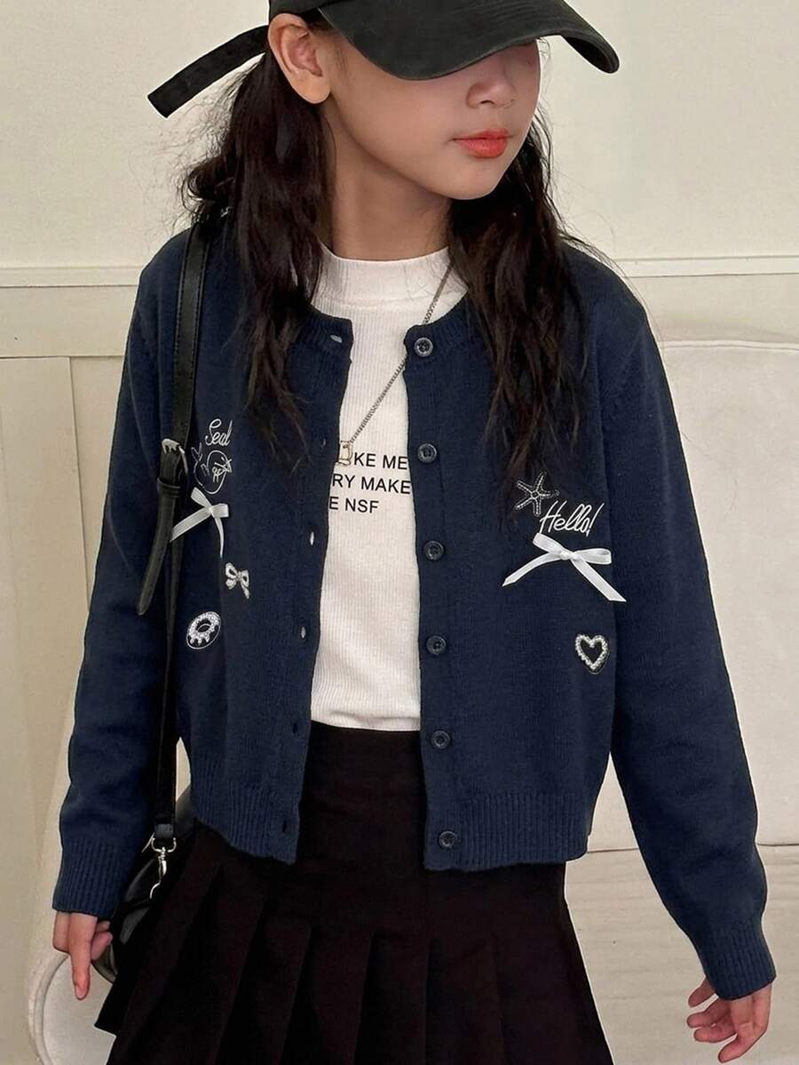 Dazy Kids 青少年女孩秋季服飾 女孩 (大號) 純色針織開襟衫 - 黑色 - 查看 1