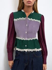 Nöista Color Block Blouse With Lace Detail - Dark Green - View 6