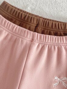 SHEIN 2件組 秋冬保暖內裡加厚連身女童毛絨褲，甜美可愛百搭軟底，密集毛邊飾邊，可愛蝴蝶結刺繡打底褲 - 彩色 - 查看 4