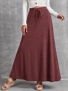 EMERY ROSE Women Solid Color Tie-Waist Long Casual Skirt - Redwood - View 6