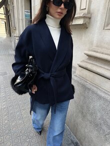 Aloruh 時尚毛絨袖口深棕色大衣，秋季休閒優雅場合，純色短款商務通勤夾克，老錢風冬季外套 - 藏蓝色 - 查看 7