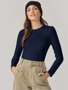 SHEIN BASICS 女款經典白色長袖襯衫，柔軟透氣圓領百搭上衣 - 藏蓝色 - 查看 3