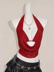 SHEIN ICON 2件組夏季女款亮片露背背心與細肩帶上衣，適合海灘、夏威夷派對、返校日、演唱會與夜店外訪 - 紅色 - 查看 5