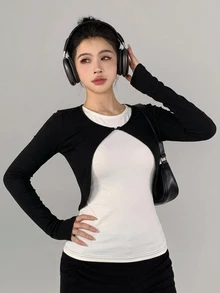 DAZY Women's Faux Two-Piece Patchwork Casual Daily Travel Sports T-Shirt - Black - View 6
