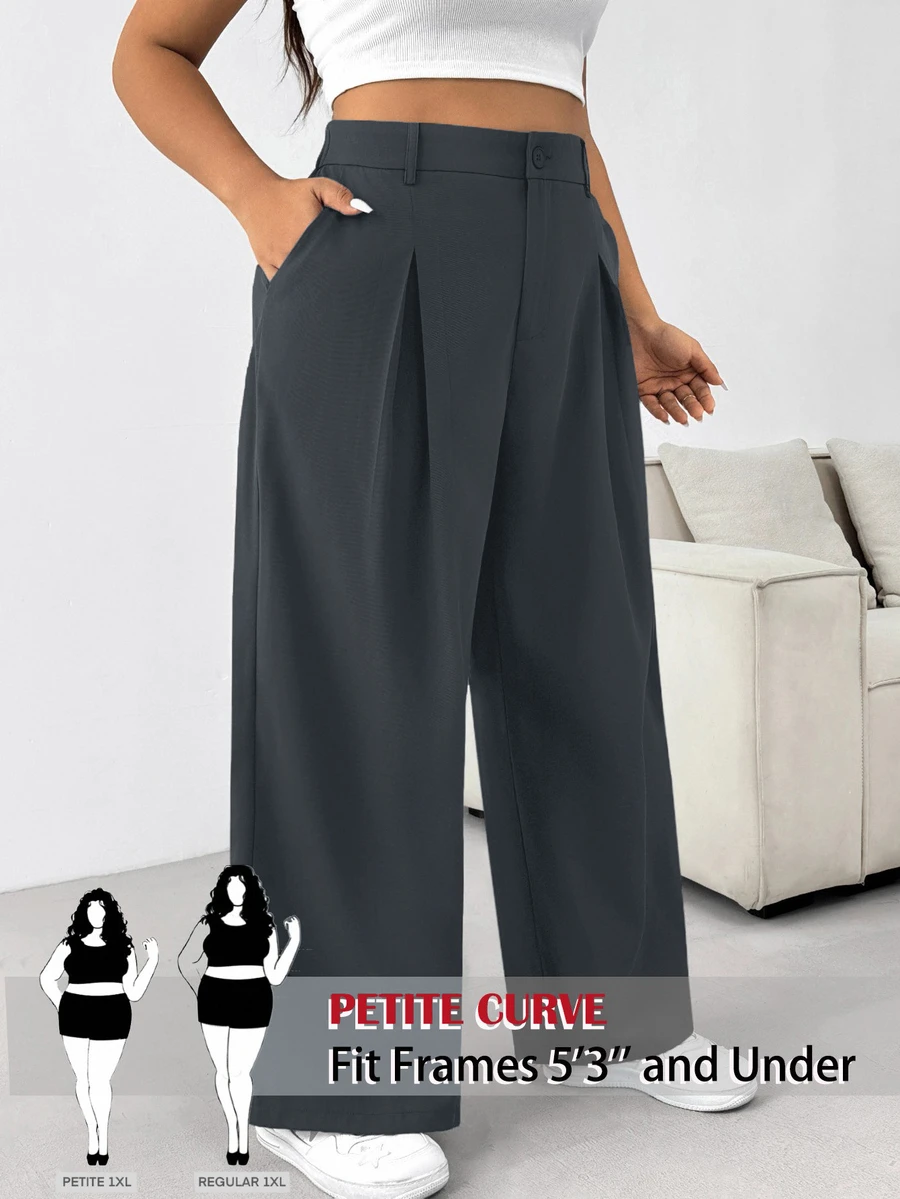 SHEIN PETITE CURVE 大尺碼灰色優雅商務休閒正式寬腿長褲 素色鈕扣西裝褲 秋季婚禮教師活動畢業典禮會議辦公室穿搭 - 深灰色 - 查看 1