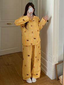 DAZY Women's Cartoon Animal Striped Single-Breasted Top And Long Pants Pajama Set - Yellow - View 12