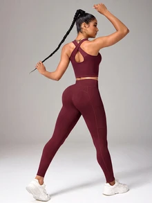 StreetHx Cropped Tank Top And Pocket Leggings Sports Set - Burgundy - View 4