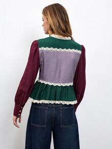 Nöista Color Block Blouse With Lace Detail - Dark Green - View 4