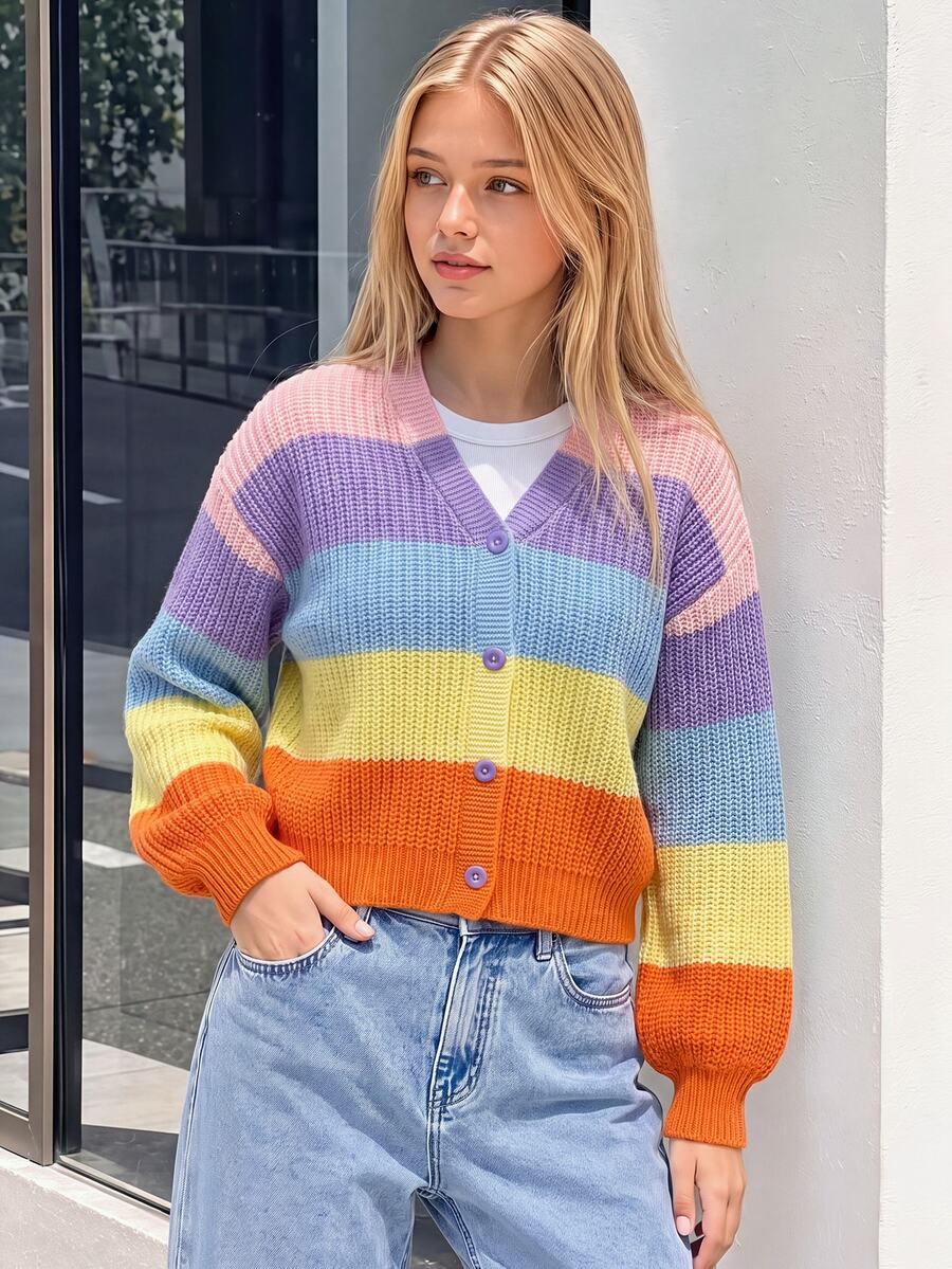 Elladie kids Tween Girl Colorblock Drop Shoulder Cardigan Cropped Cardigan Tween Girl Sweaters Ribbed Cardigan Tween Cardigan Scalloped Cardigan Autumn Fall - Multicolor - View 1