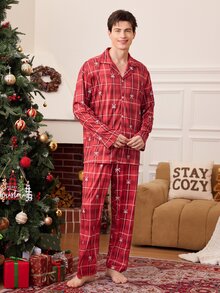 CoupledUp Minimalist Red Plaid Bow Long Sleeve Men's Pajama Set - Multicolor - View 4