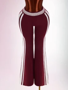 Amplova Autumn/Winter Campus Minimalist Daily Date Colorblock Striped Flare Knit Pants - Suitable For Dates And Back To School Season - Brown - View 10
