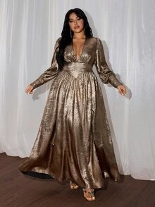 Rustia Plus-Size Metallic, Glossy-Finish Party Gown With A Side Slit – An Elegant, Long, V-Neck Dress For Autumn And Winter. - Gold - View 4
